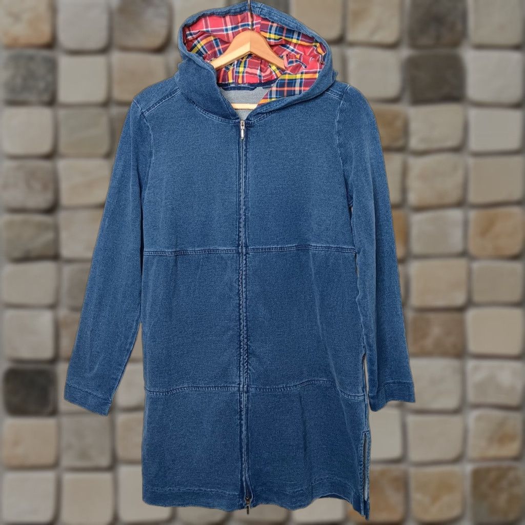 Vintage J Jill Indigo Pure Jill Jacket S Sweatshirt Knit Hoodie Blue Zip Plaid Comfort Size S / US 4 / IT 40 - 1 Thumbnail
