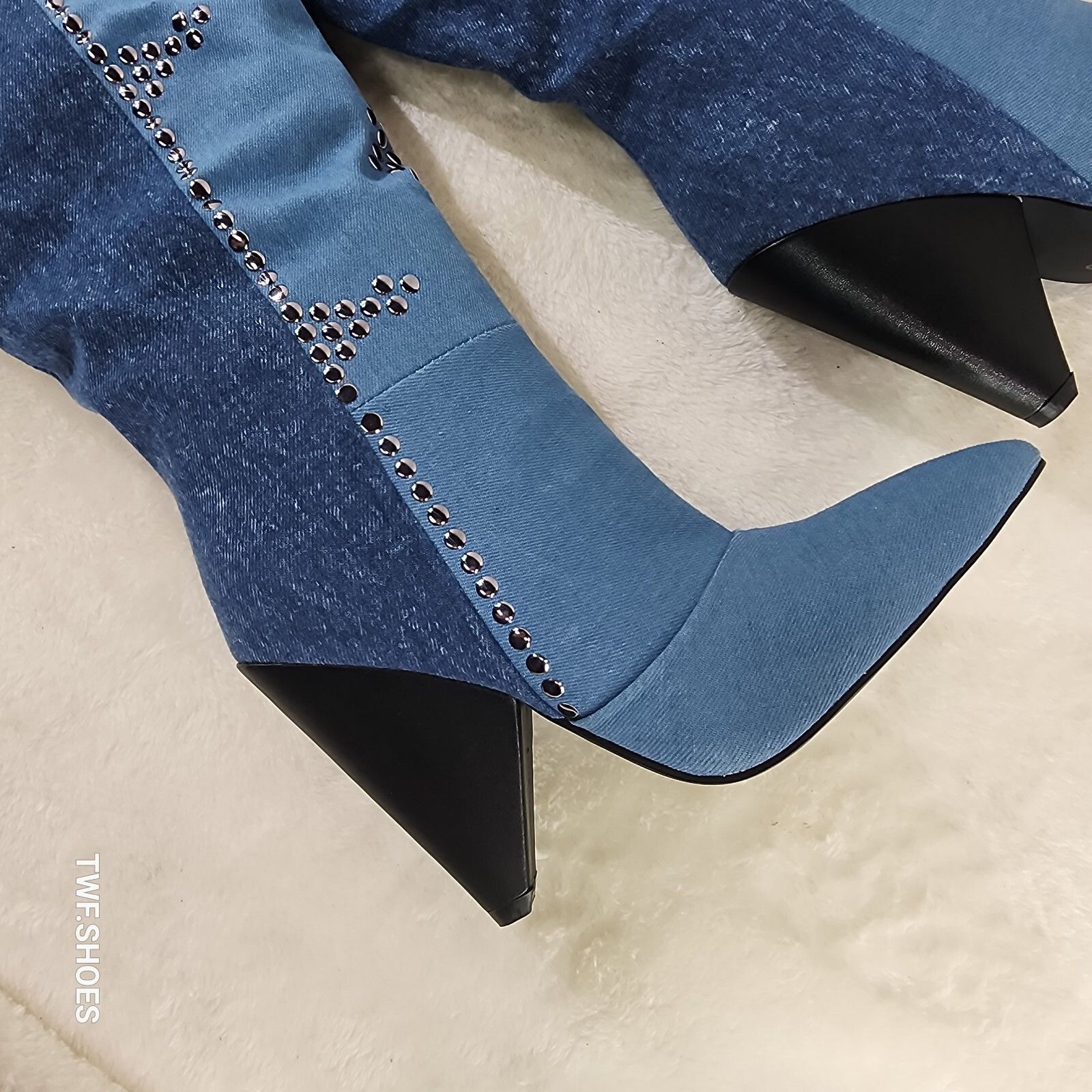 Other Western Flare Denim Boots Cone Heels Button Studs OTK Pull O Size US 8 / IT 38 - 8 Thumbnail