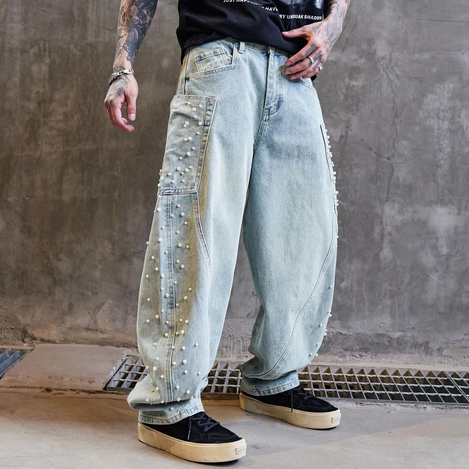 Japanese Brand Light Wash Relaxed Fit Pearl Embellished Jeans Size US 32 / EU 48 - 1 Thumbnail