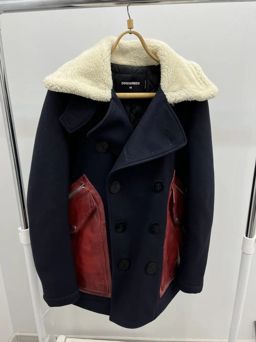 Dsquared2 4100$ Rrp Contrast Heavy Coat With Leather Pockets