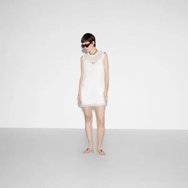 Gucci o1B3y1r0526 Cotton Macrame Mini Dress in White Size S / US 4 / IT 40 - 2 Thumbnail
