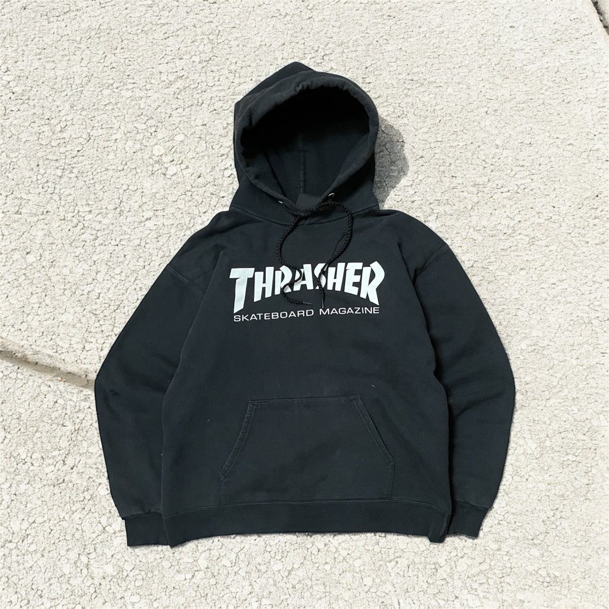 Crazy Vintage Boxy Y2K Faded Black Thick Thrasher Hoodie