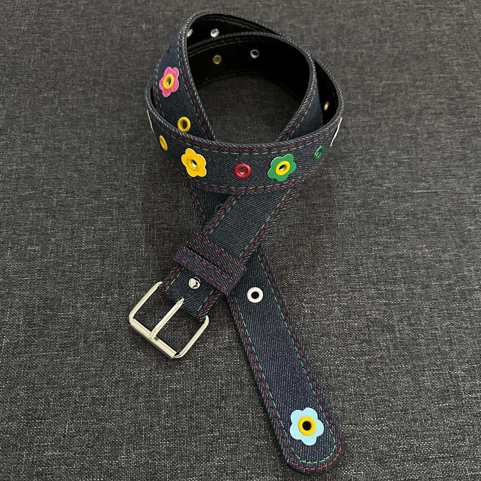 Other Blue Denim Floral Rivet Belt | Dopamine Y2K Street Size ONE SIZE - 1 Thumbnail