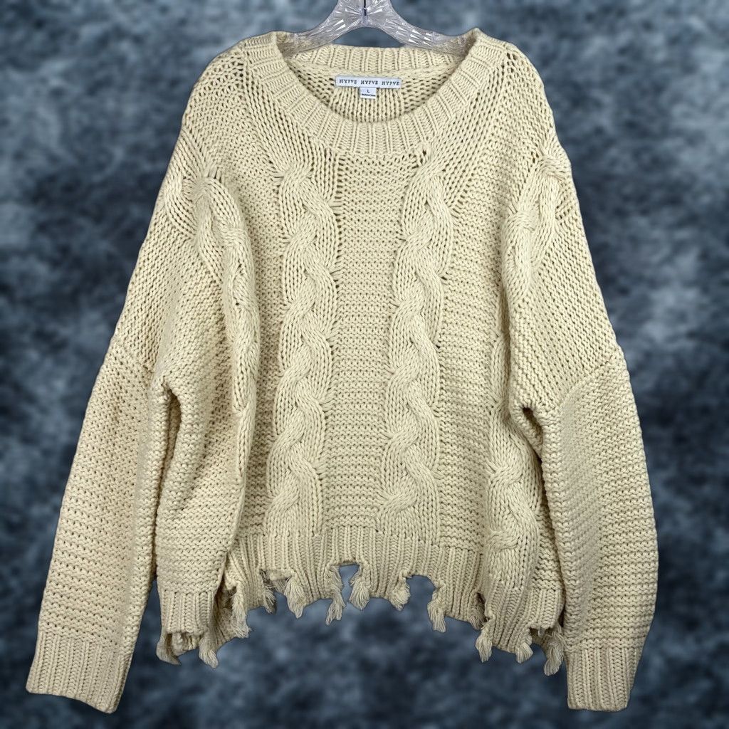 Vintage HYFVE Chunky Knit Sweater Womens L Cream Oversized Fringe Boho Dolman Sleeve Cardigan Size L / US 10 / IT 46 - 1 Thumbnail