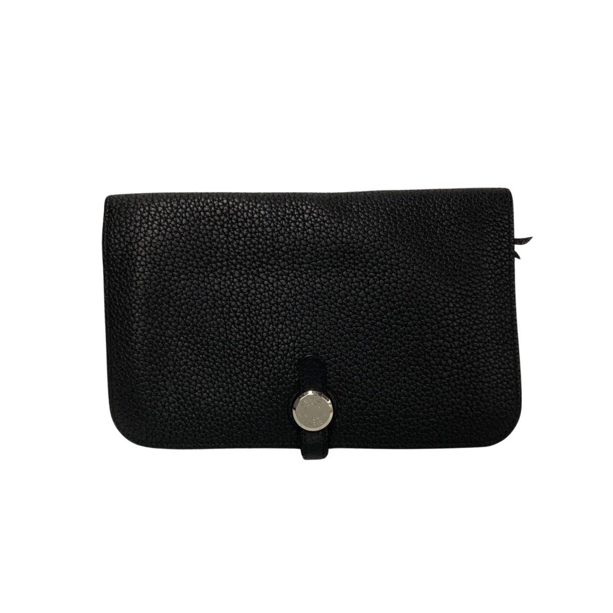 image of Hermes Dogon Gm Hardware Togo Leather Bifold Long Wallet Black 23777, Women's