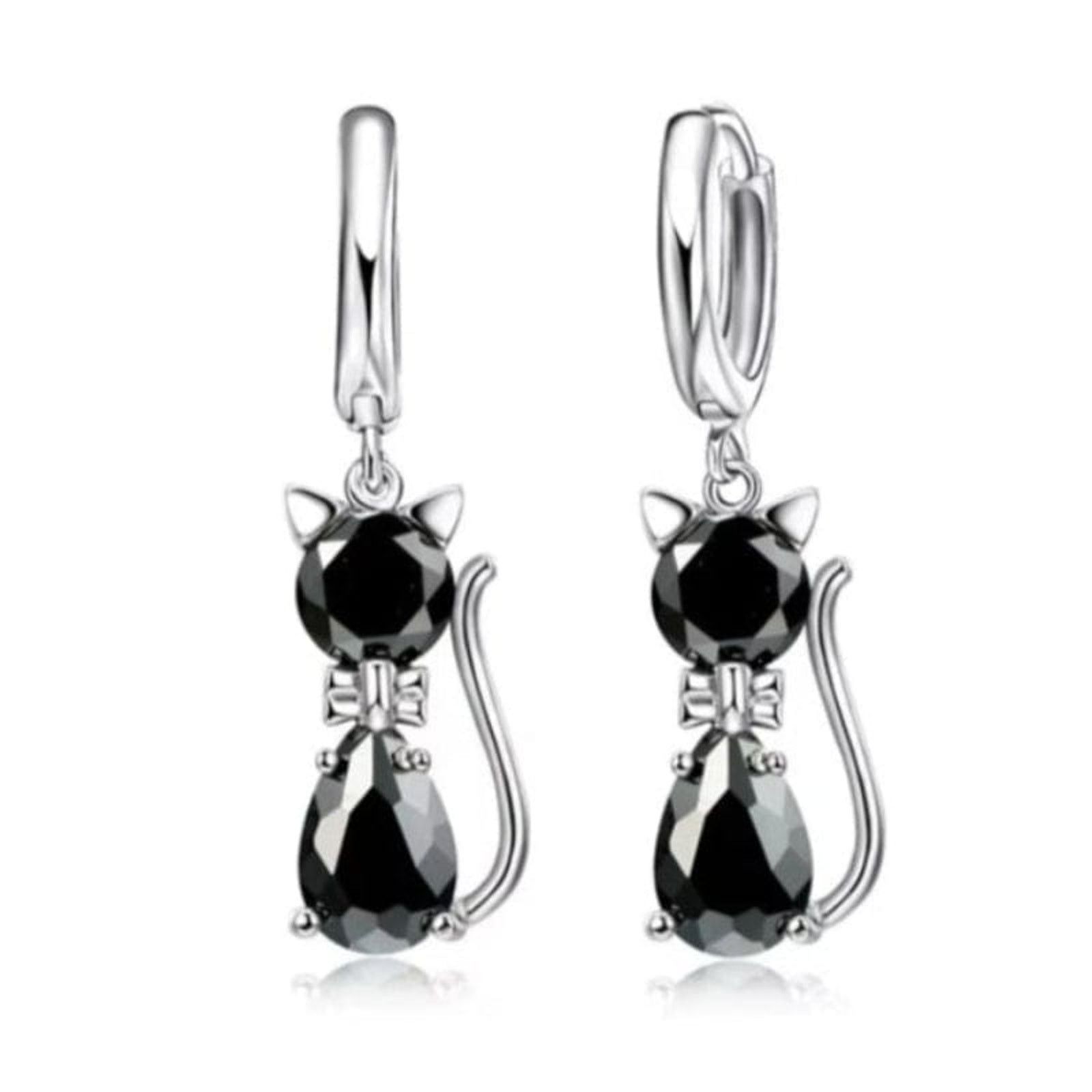 Designer Pink Crystal Cat Earrings Silver Huggie Dangle Earrings Size ONE SIZE - 3 Thumbnail