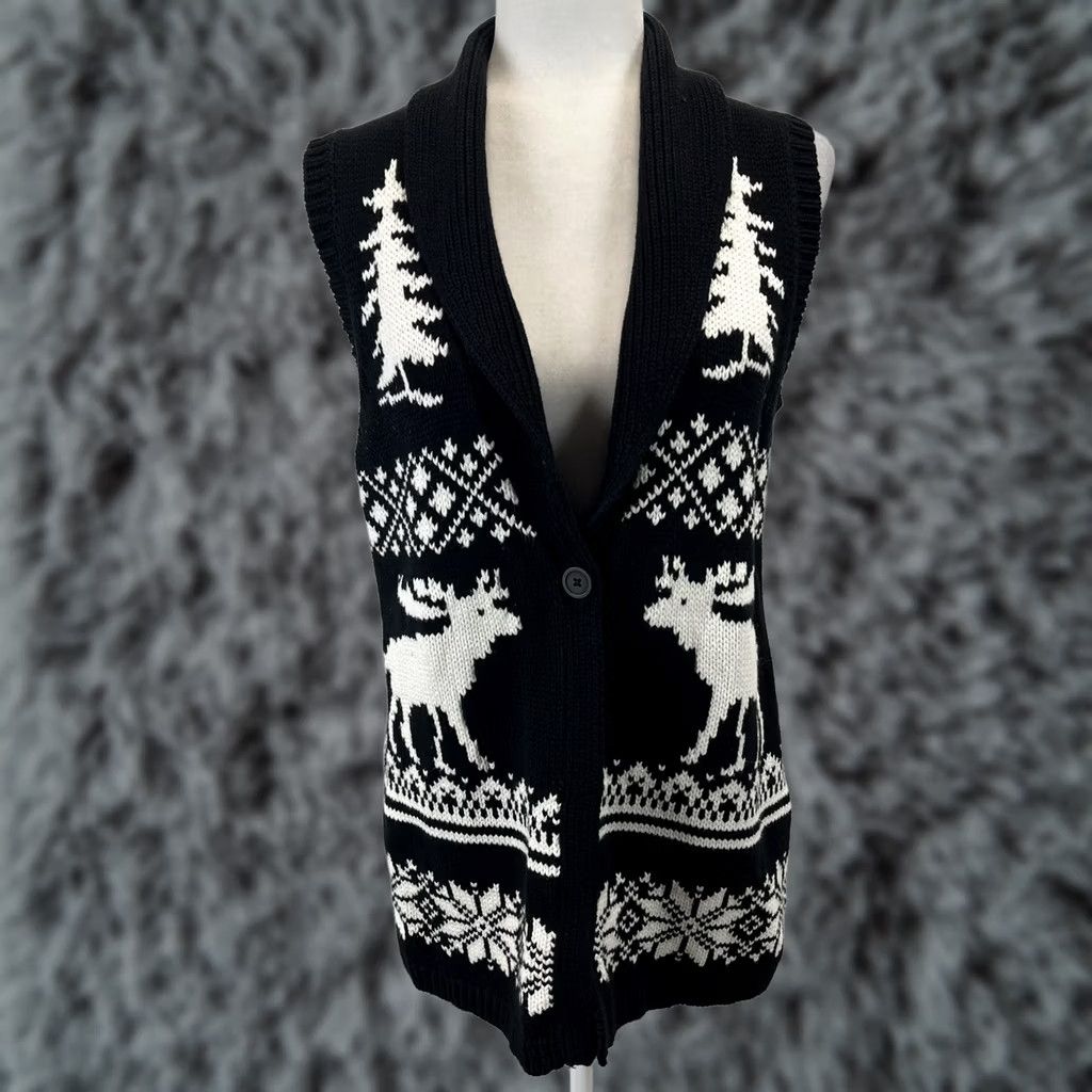 Coldwater Creek Coldwater Creek Sweater Vest Womens M Black White V-Neck Fair Isle Reindeer Knitted Cotton Blend Button Holiday Winter Scandinavian Vest Size M / US 6-8 / IT 42-44 - 1 Thumbnail