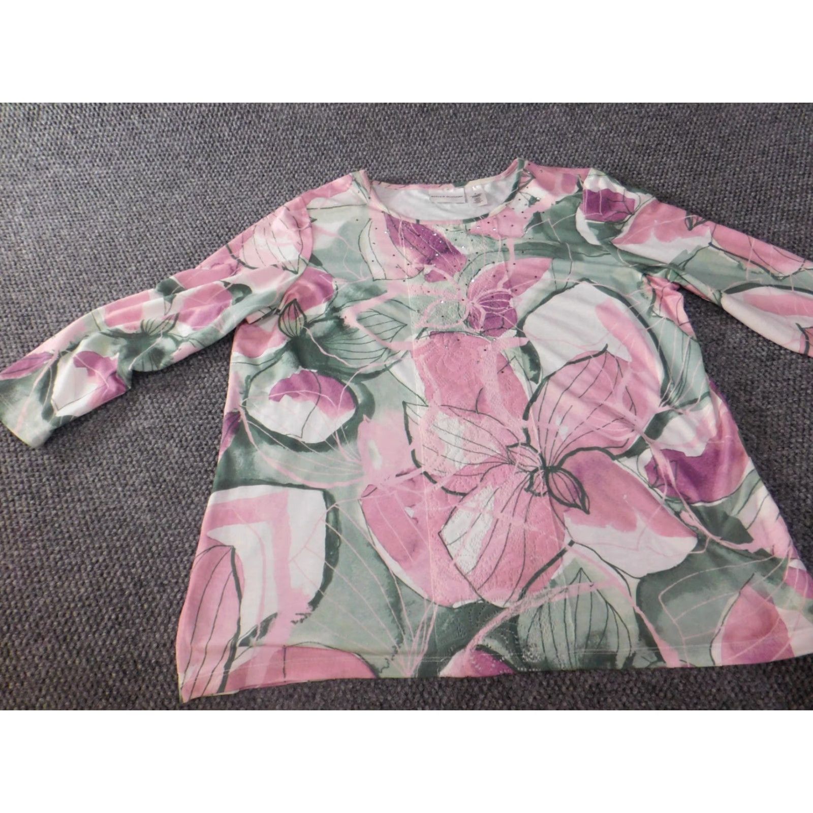 Vintage Alfred Dunner Blouse Womens M Purple Floral Long Sleeve Pullover Round Neck Casual Sheer Rayon Polyester Spandex Designer Regular Size M / US 6-8 / IT 42-44 - 3 Thumbnail