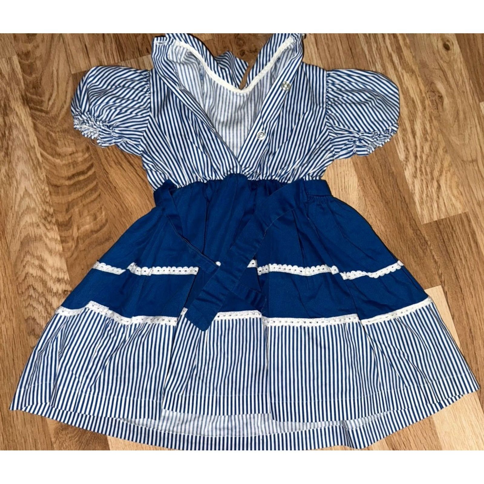 Vintage VINTAGE Girls Dress Blue White Ruffle 3T Chain Stitching 1960s Size ONE SIZE - 3 Thumbnail