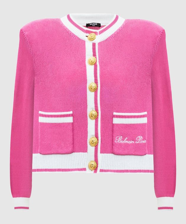 Balmain o1s1wg110825 Embroidered Logo Knit Cardigan in Pink Size S / US 4 / IT 40 - 1 Thumbnail