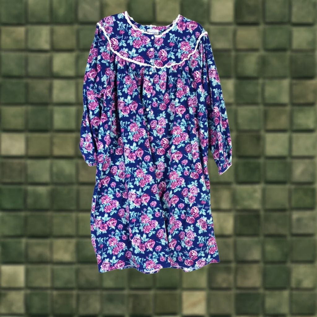 Vintage Lanz of Salzburg Flannel Nightgown 1X Womens Plus Nantucket Rose Floral Long Sleeve Round Button Lace Cotton 100% Nightgown Size ONE SIZE - 1 Thumbnail