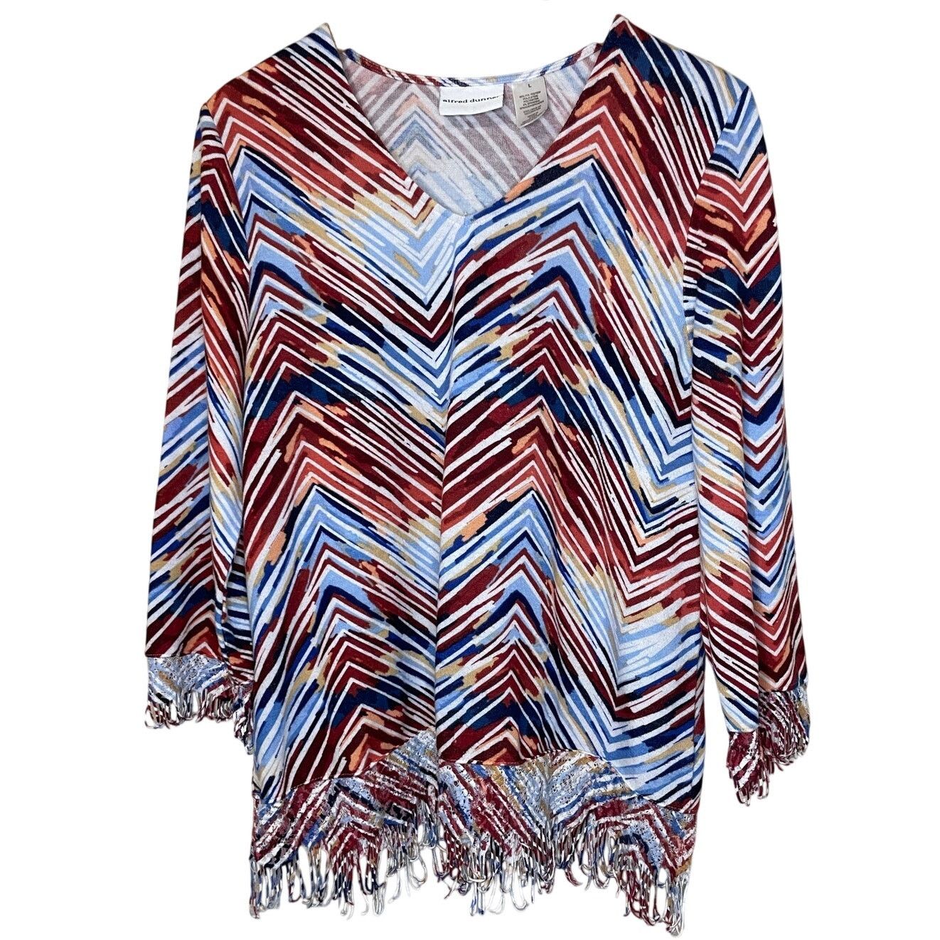 Other Alfred Dunner Boho Zig Zag Multicolor Fringe Blouse Large Size L / US 10 / IT 46 - 1 Thumbnail