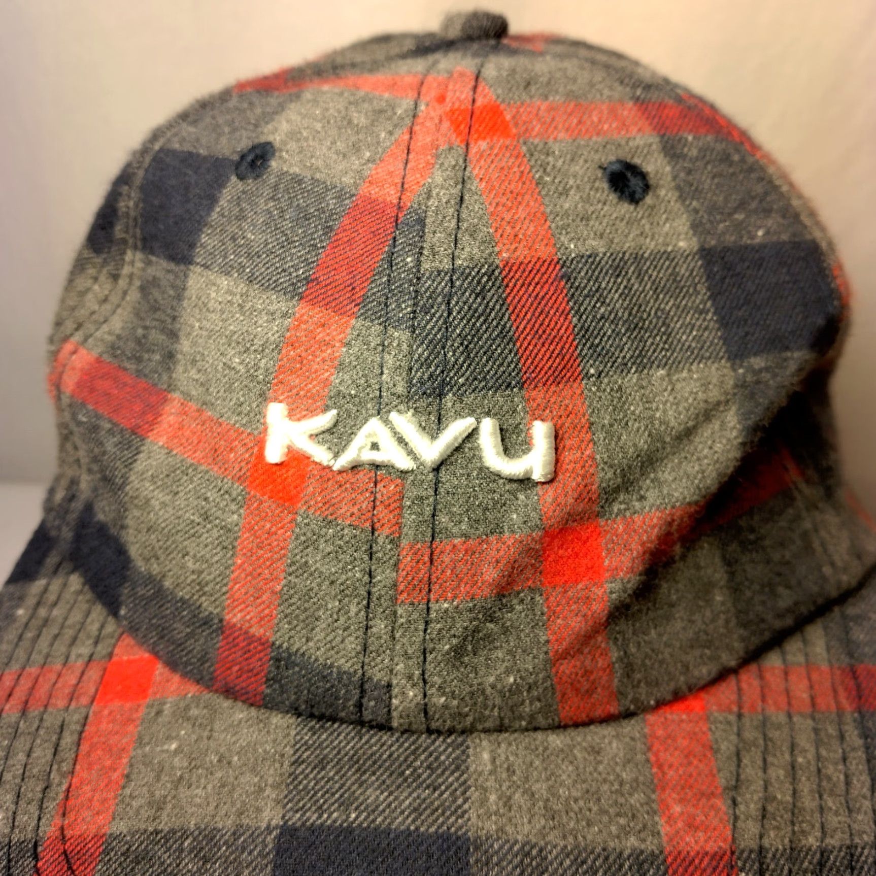 KAVU KAVU Cabin Fever Hat Gray Red Black Plaid Flannel Adjustable Leather Strap Back Casual Travel Men One Size Baseball Cap Size ONE SIZE - 2 Thumbnail
