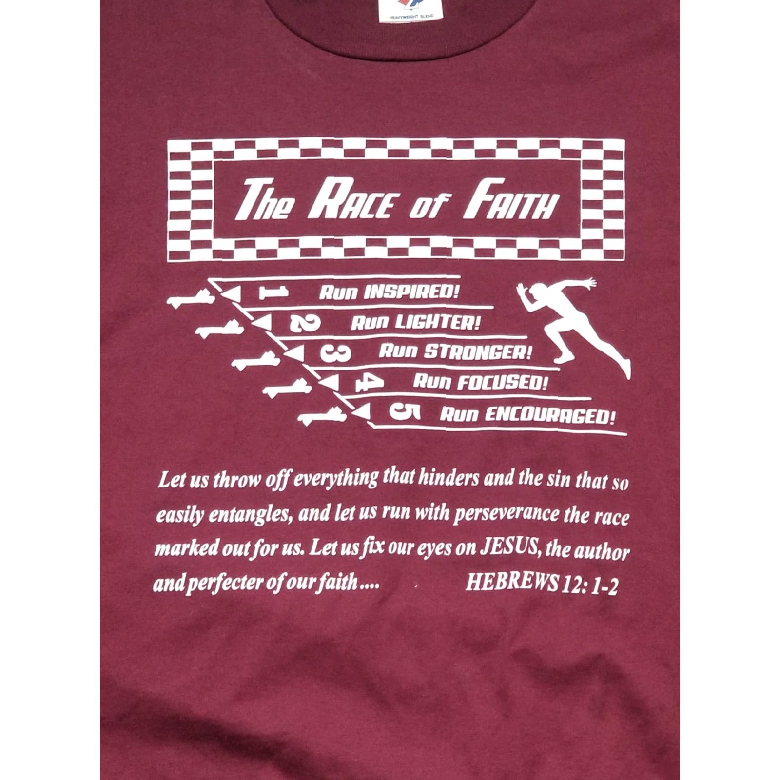 Jerzees VINTAGE Mens XL Race Of Faith 90s Maroon T-Shirt Hebrews 12:1-2 JERZEES Jesus RA Re a? Size US XL / EU 56 / 4 - 2 Thumbnail