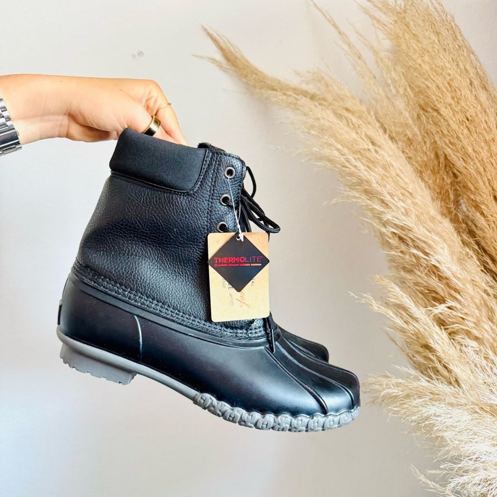 WEATHERPROOF Black Leather Rubber Snow Rain Ankle Boots Shoe