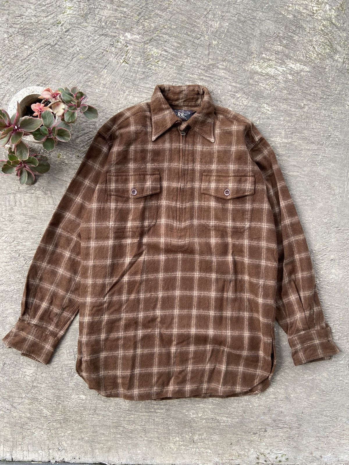 RRL Ralph Lauren Vintage Double RL Half Zip Plaid Wool Flannel 