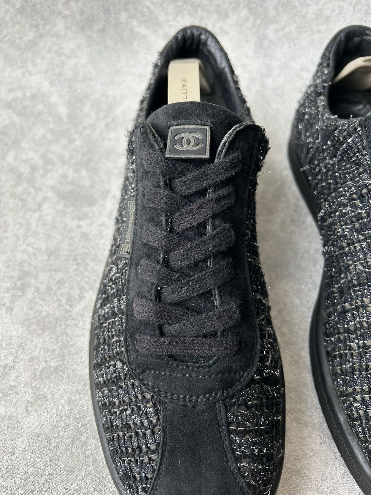 Chanel Chanel Coco Mark Black Tweed Sneakers Size US 8 / IT 38 - 10 Thumbnail
