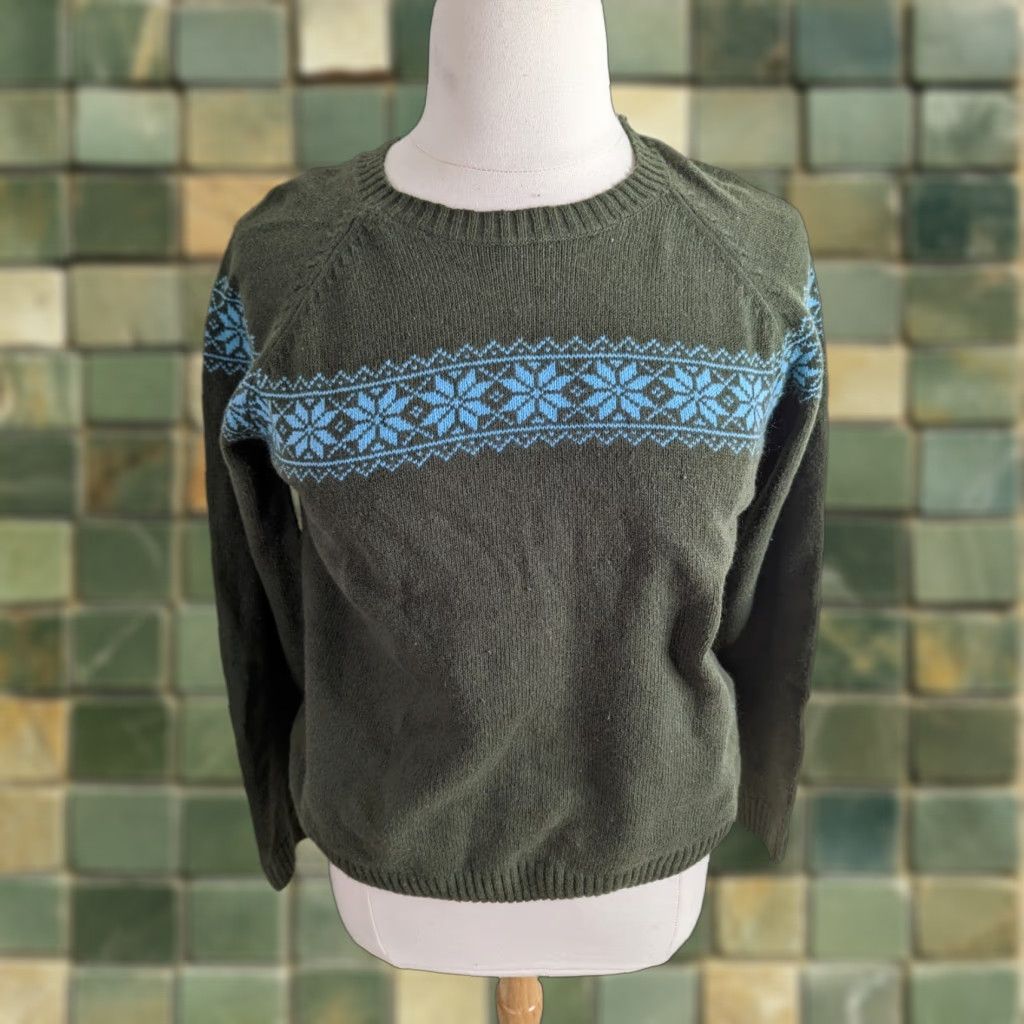 Vintage VINTAGE Columbia Sweater Women Raglan Fair Isle Large Green Blue Cotton Angora S11 Size L / US 10 / IT 46 - 1 Thumbnail