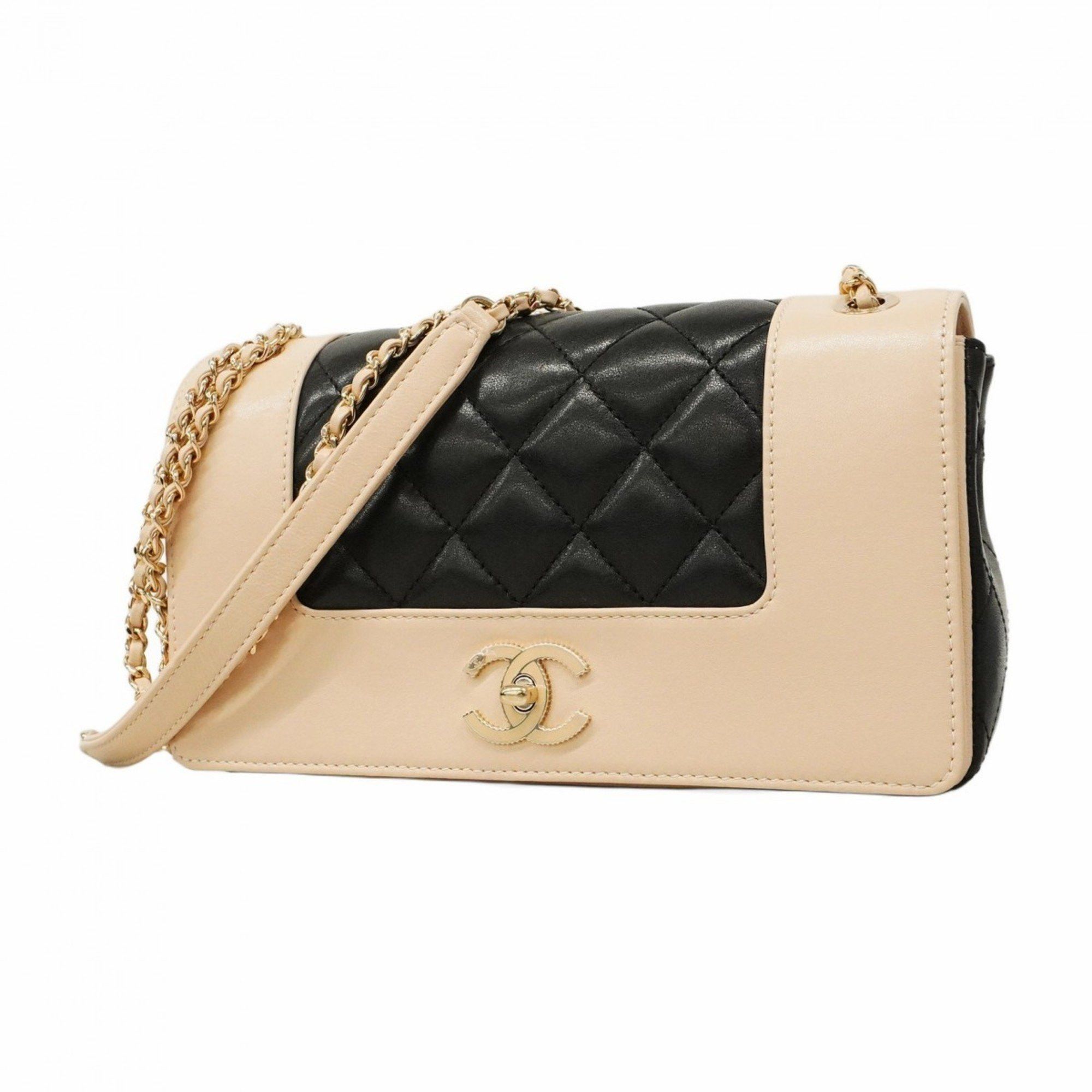 Chanel Shoulder Bag Matelasse W Chain Lambskin Black Beige Champagne Ladies, Women's
