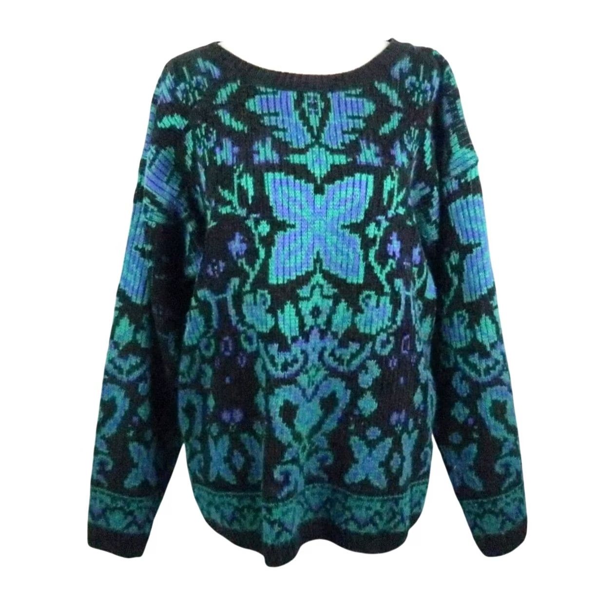 Vintage VINTAGE Carducci Sweater Womens 80s Floral Knit Acrylic Long Sleeve L Black Green Blue Bohemian Fall Winter Pullover Size L / US 10 / IT 46 - 2 Thumbnail