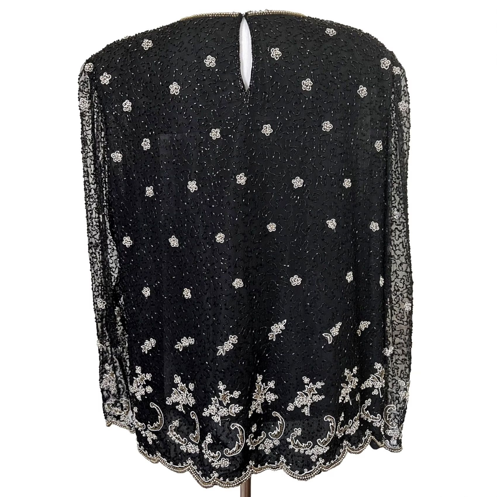 Vintage VINTAGE Laurence Kazar Black Beaded Silk Top Blouse 1X Long Sleeve Eveningwear Shirt Former 80s Womens Size XL / US 12-14 / IT 48-50 - 6 Thumbnail