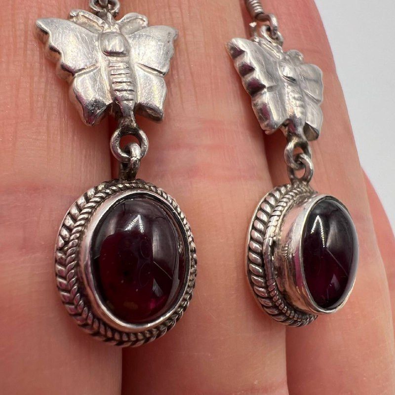Sterling Silver × Vintage Vintage Sterling Silver 925 Butterfly Drop Earrings Garnet Size ONE SIZE - 4 Thumbnail