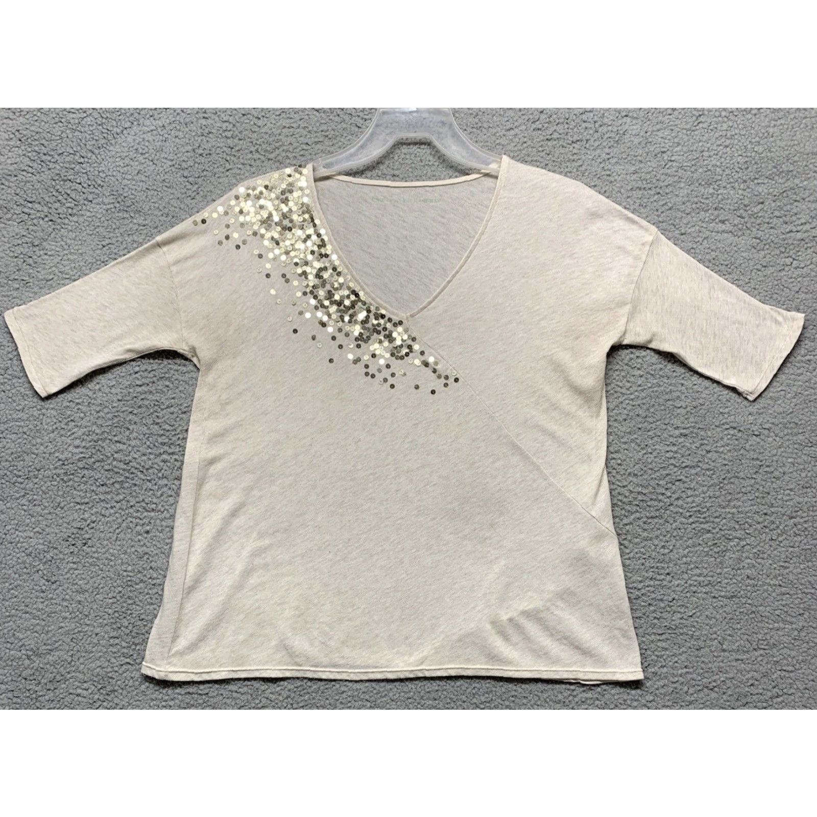 Calvin Klein VINTAGE Calvin Klein Pullover Top Womens S/P Heather Cream Sequins V-Neck Relaxed Fit Size S / US 4 / IT 40 - 2 Thumbnail