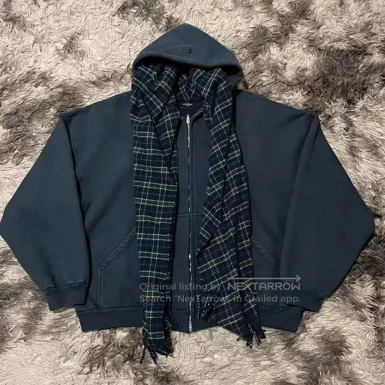 Balenciaga Balenciaga Wool Plaid Scarf Faux Two-Piece Zip Hoodie Size US XL / EU 56 / 4 - 1 Thumbnail