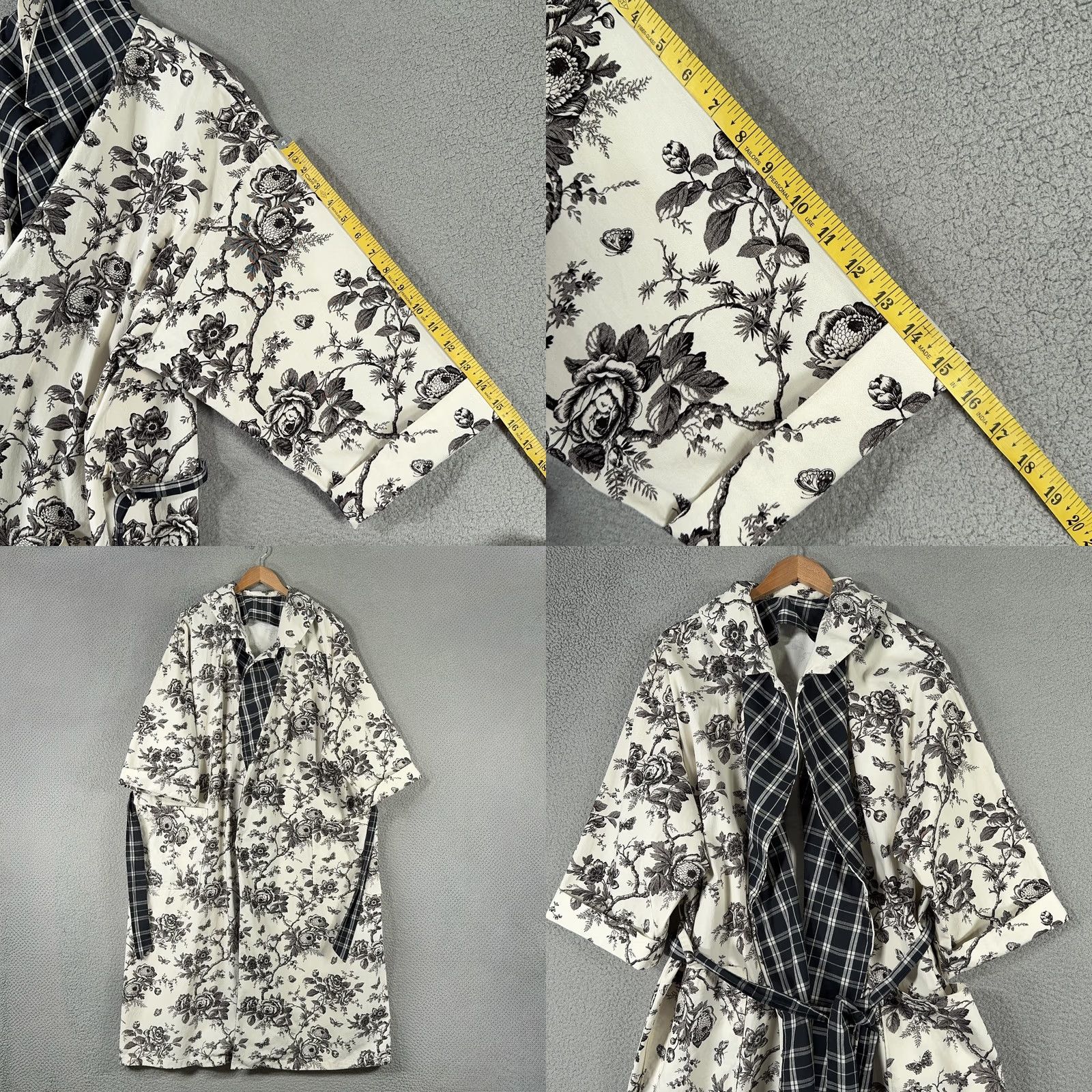 Vintage VINTAGE Handmade Robe One Size Black White Floral Toile de Jouy Kimono Belted Size ONE SIZE - 9 Thumbnail