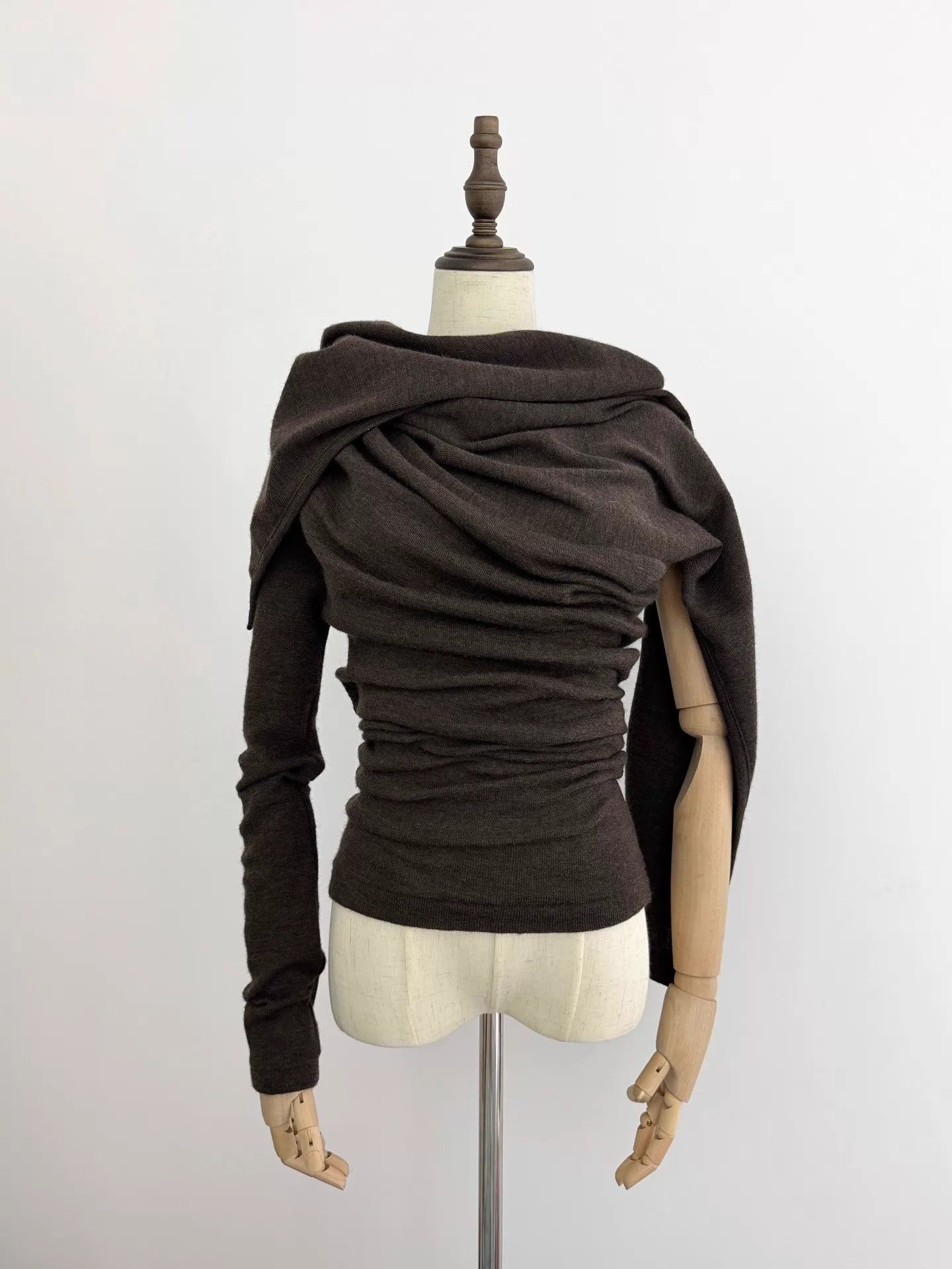Y's Y's Chocolate Brown Irregular Two-Way Wool Top Size L / US 10 / IT 46 - 7 Thumbnail