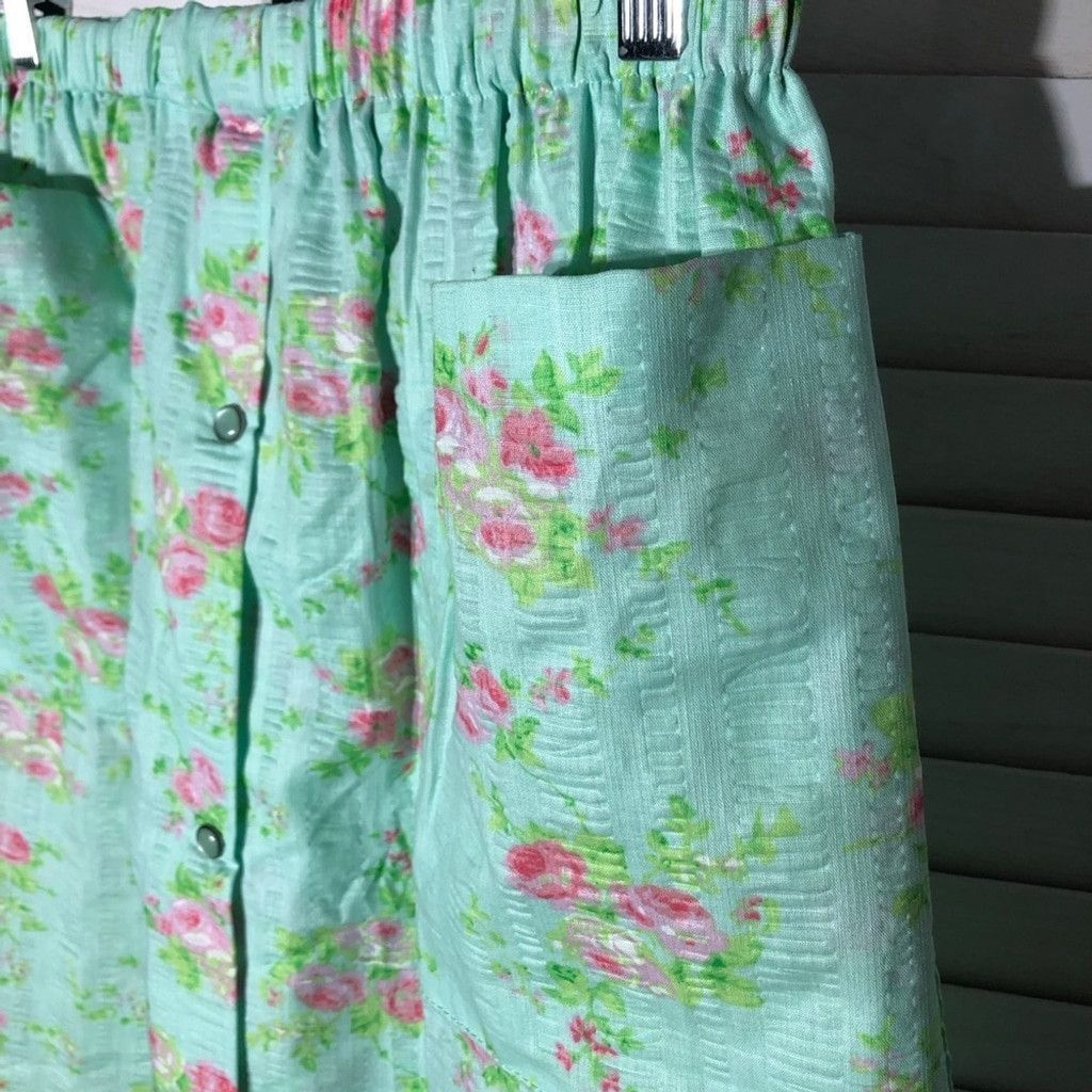Vintage 90s Midi Skirt Boho Cottage Floral Cotton Green/Pink S/M Size 24" / US 00 / IT 34 - 4 Thumbnail