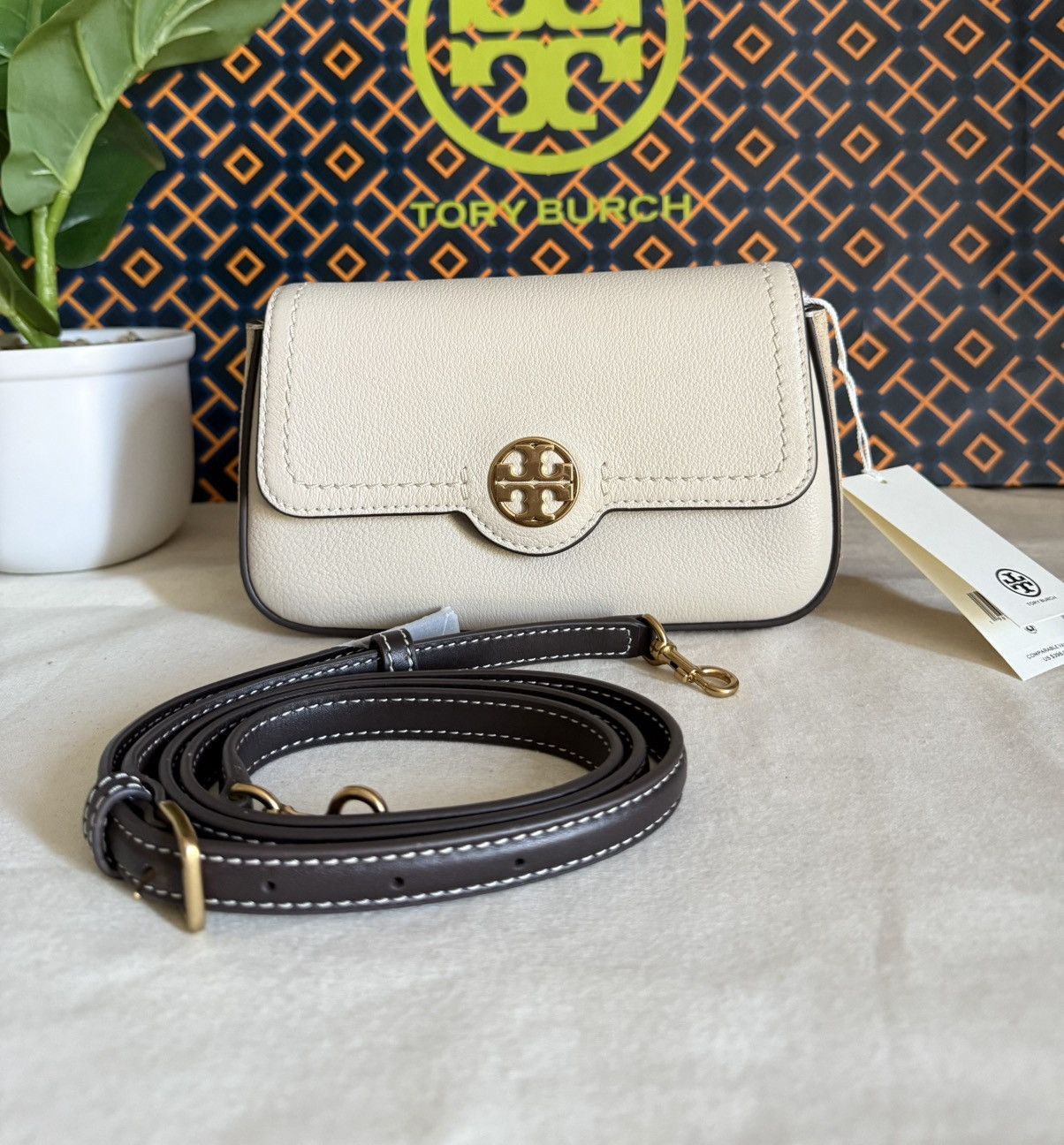 NWT ,Tory Burch Felix Color Block Flap Cream Shoulder Bag in White, Women's