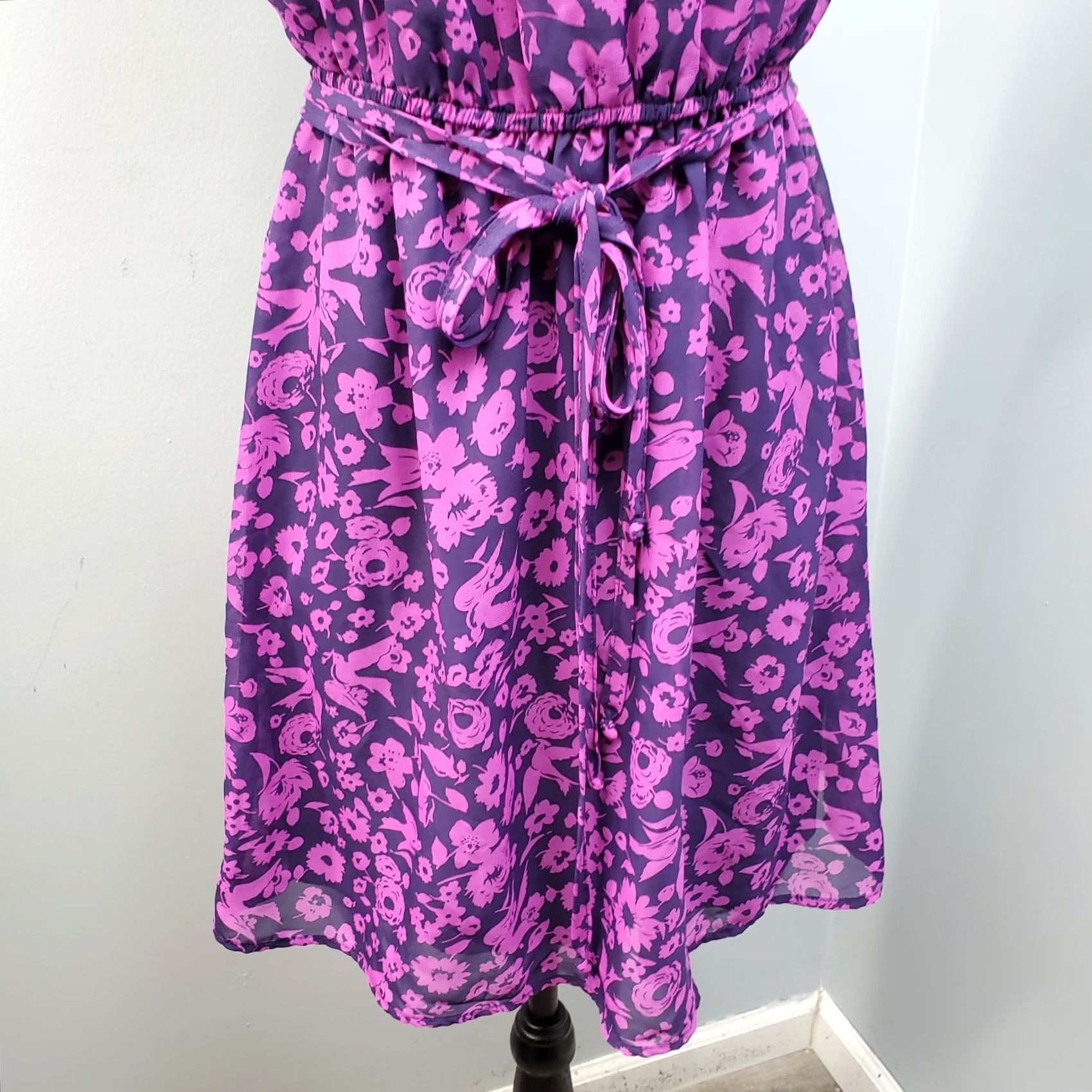 Vintage Fishbowl Mini Dress Womens Size S Purple Floral Cinch Waist Chiffon Flutter Sleeve Size S / US 4 / IT 40 - 6 Thumbnail