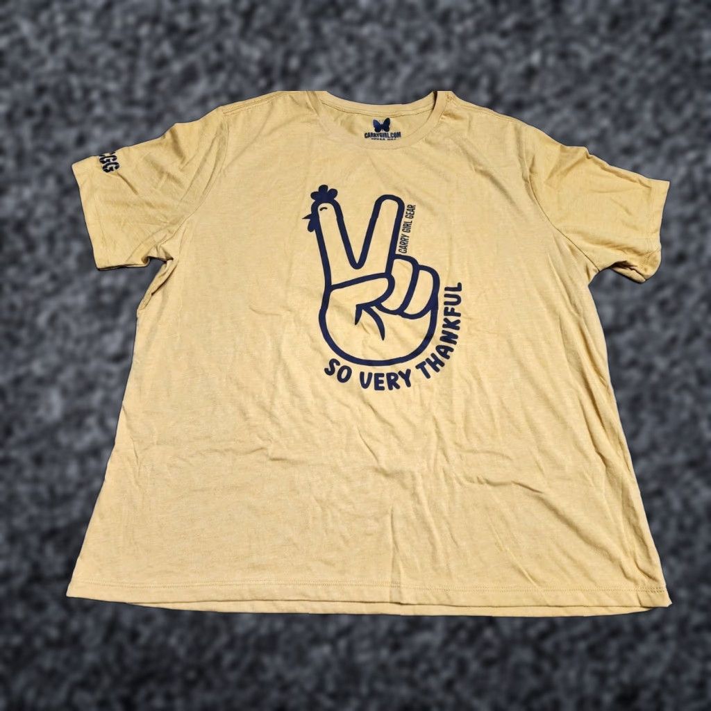 Vintage Carry Girl Gear Womens T-Shirt 2XL Short Sleeve Yellow Thankful Peace Sign Chicken Plus Size Size XXL / US 16-18 / IT 52-54 - 1 Thumbnail