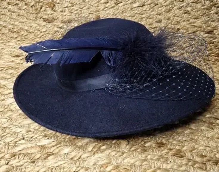 Other Vintage Blue Feather Bow Felt Women's Hat Size ONE SIZE - 2 Thumbnail