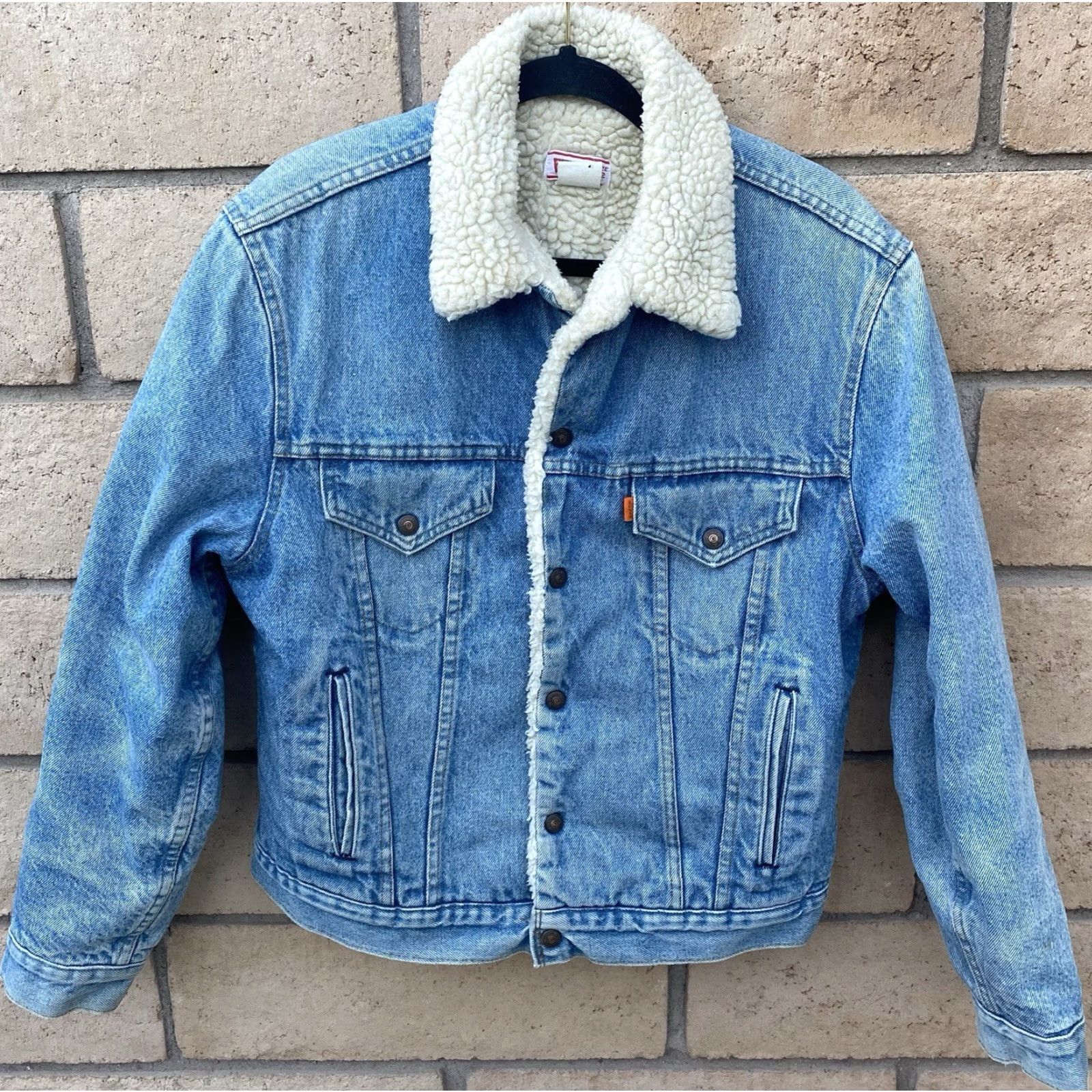 Levi's VINTAGE Levi’s Trucker Denim Jacket Orange Tab Made in USA 42 Sherpa Lined Western Quilted Nylon Sleeves Mens Size US XS / EU 42 / 0 - 4 Thumbnail