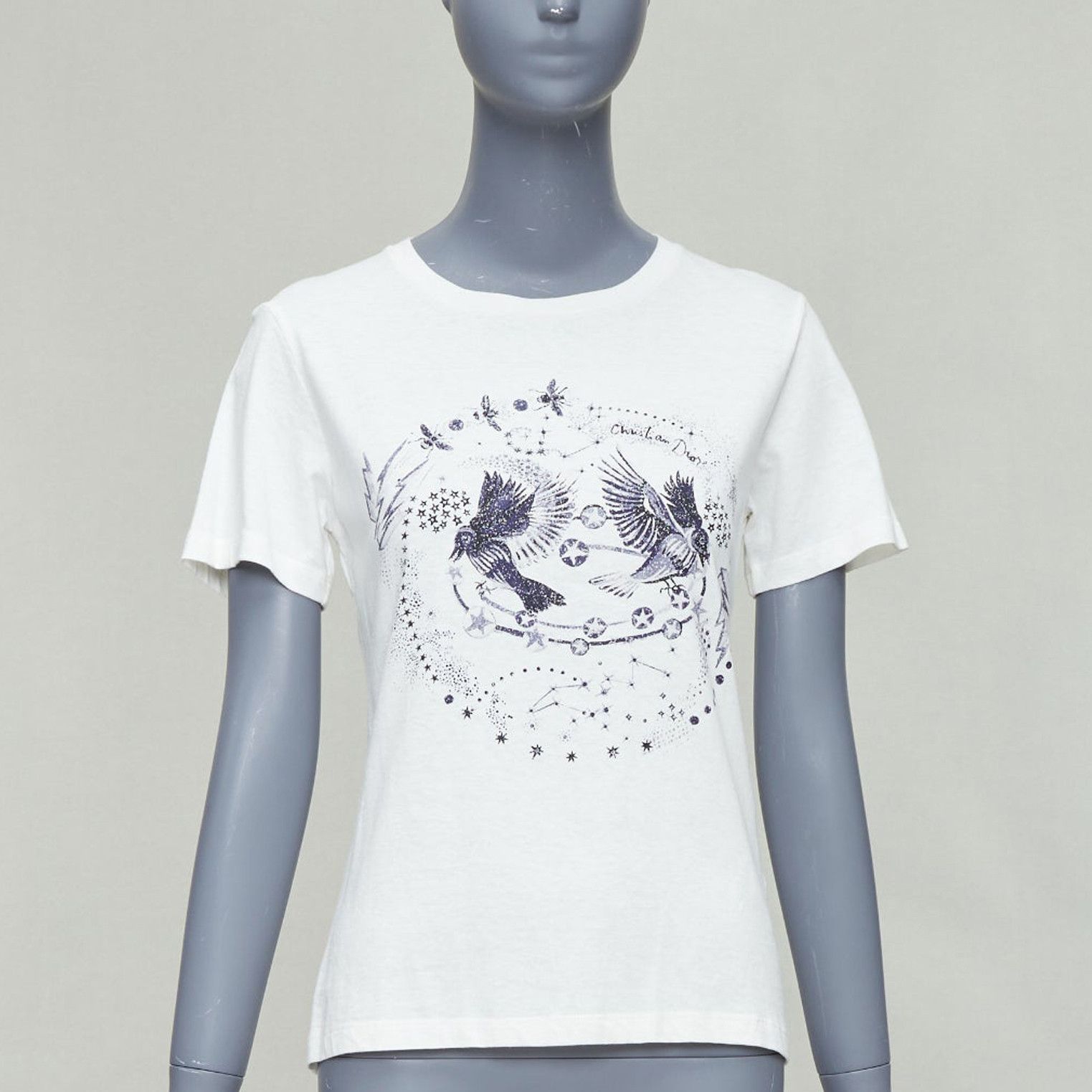 Dior DIOR navy double bird astrology print white cotton linen short sleeve tshirt XS Size S / US 4 / IT 40 - 1 Thumbnail