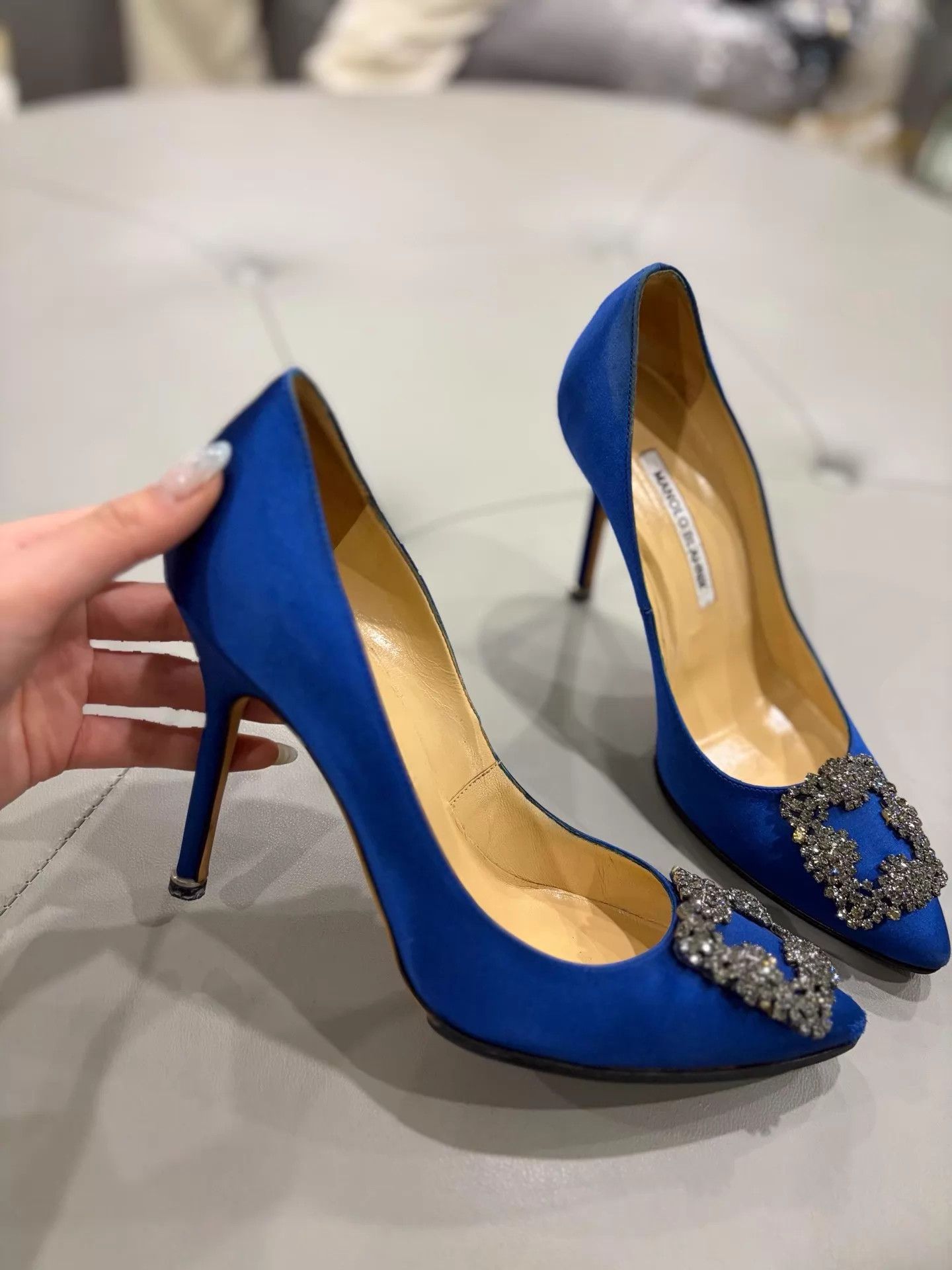 Manolo Blahnik MB Royal Blue Satin Heels Crystal Buckle 99 EU38.5 Size US 8 / IT 38 - 1 Thumbnail