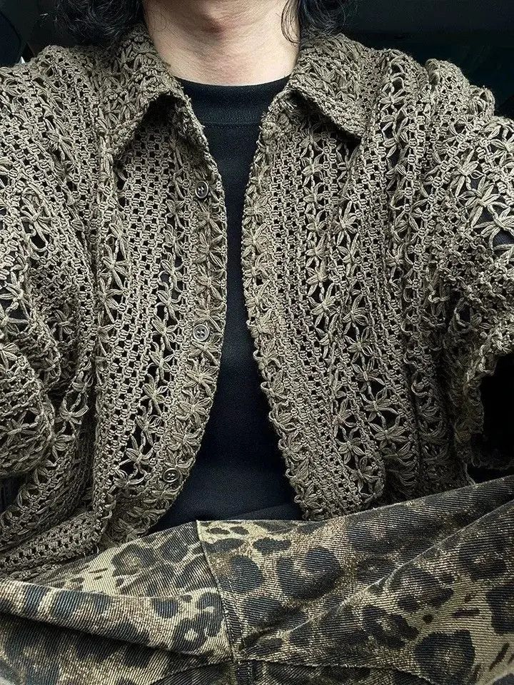 Japanese Brand × Vintage Retro fashion hollow out crochet button up shirt Size US L / EU 52-54 / 3 - 4 Thumbnail