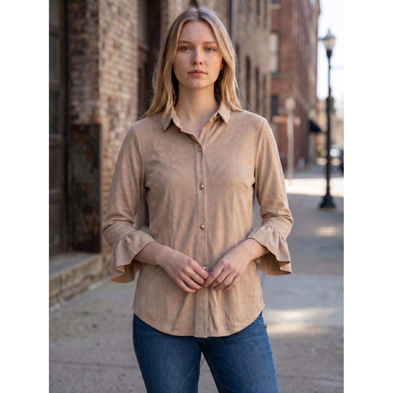 Gretchen Scott Gretchen Scott Faux Suede Button Down Shirt With Ruffle Cuf Size S / US 4 / IT 40 - 2 Thumbnail