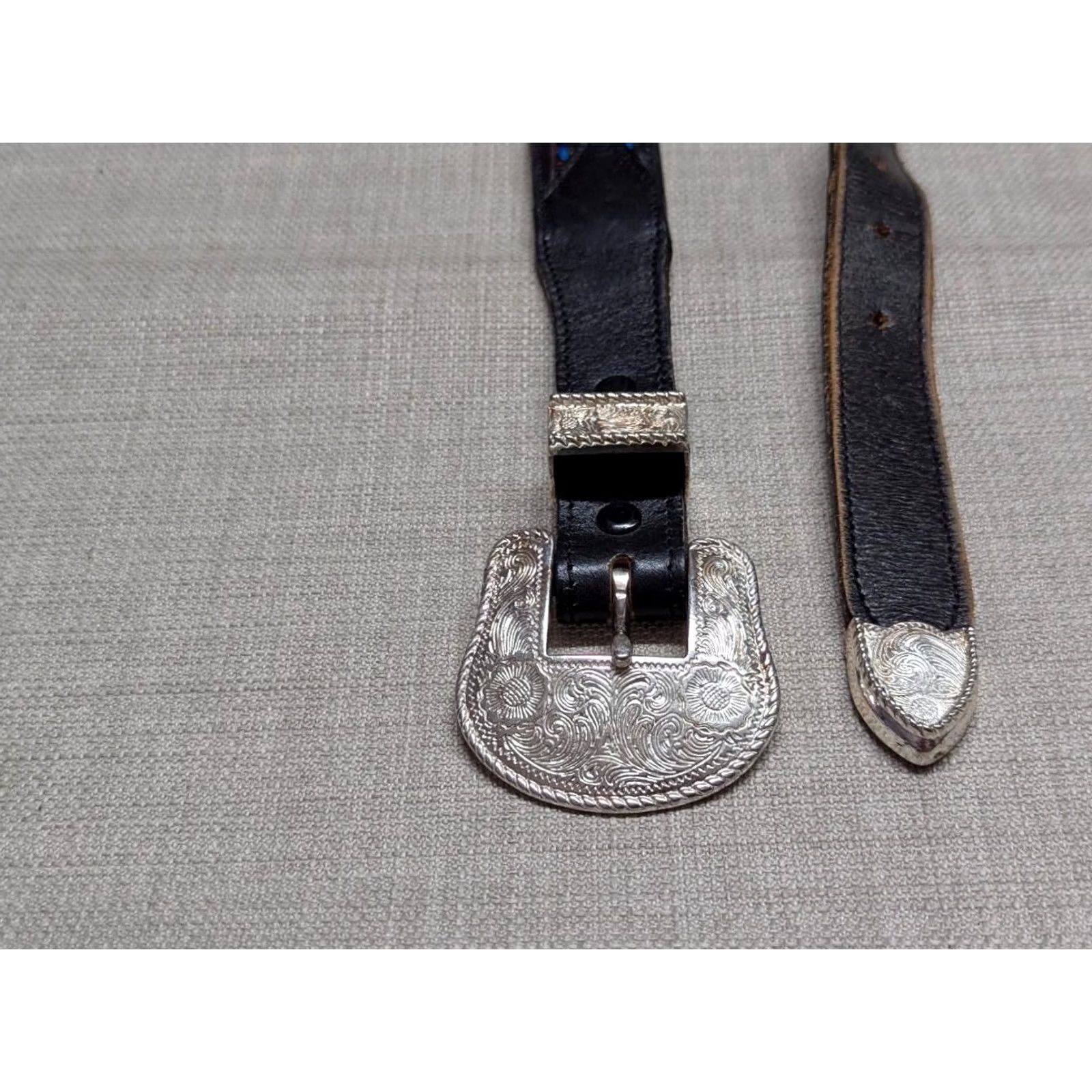 Vintage VINTAGE USA made WESTERN Belt 28 black leather EMBROIDERED cowhide RODEO buckle Size 28 - 2 Thumbnail