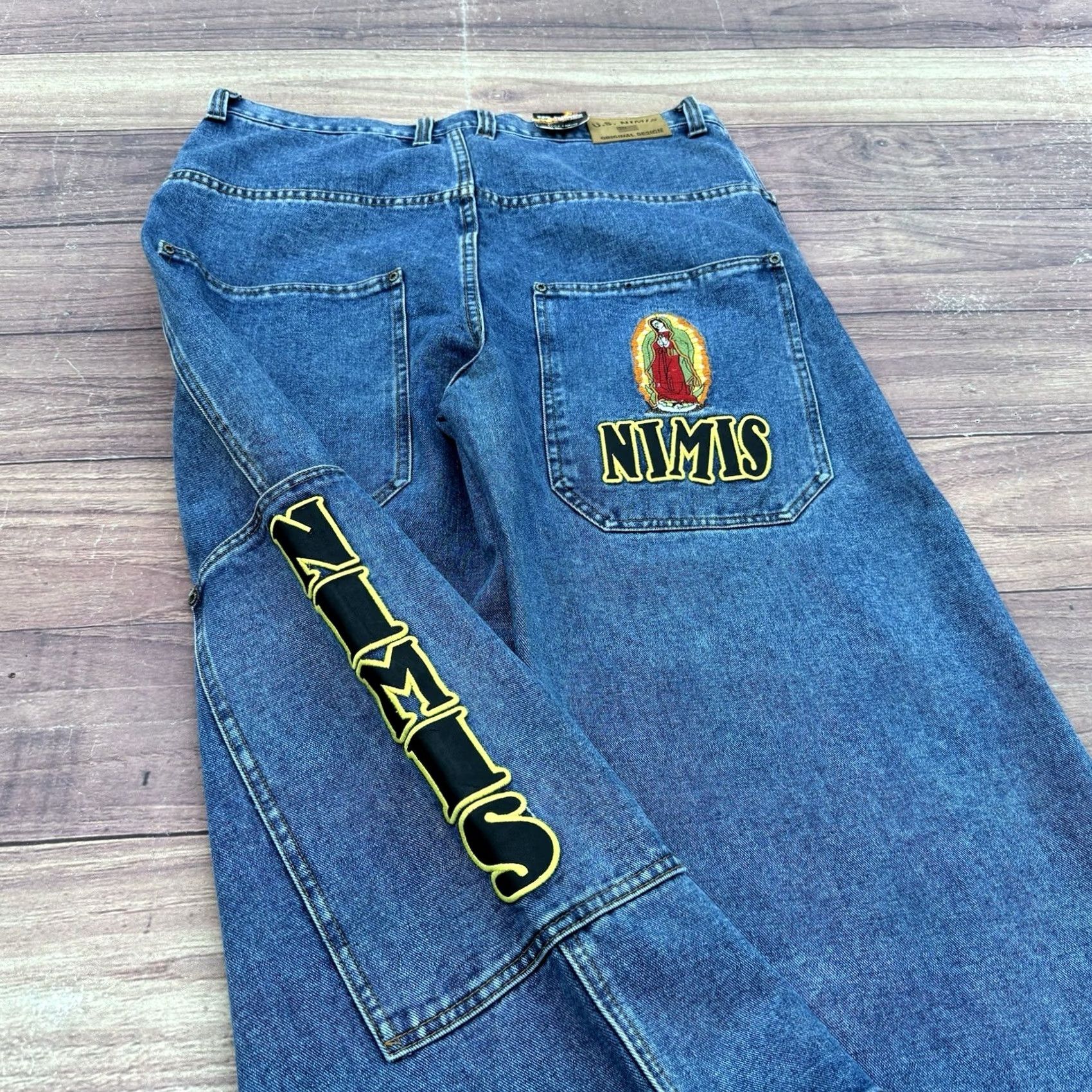 JNCO VINTAGE Nimis Virgin Mary Blue Jeans Jnco Style Wide Leg Mens Size 40x28 Denim Jeans White Logo 90s Grunge Hip Hop Y2K Boys Mens Size US 40 / EU 56 - 4 Thumbnail