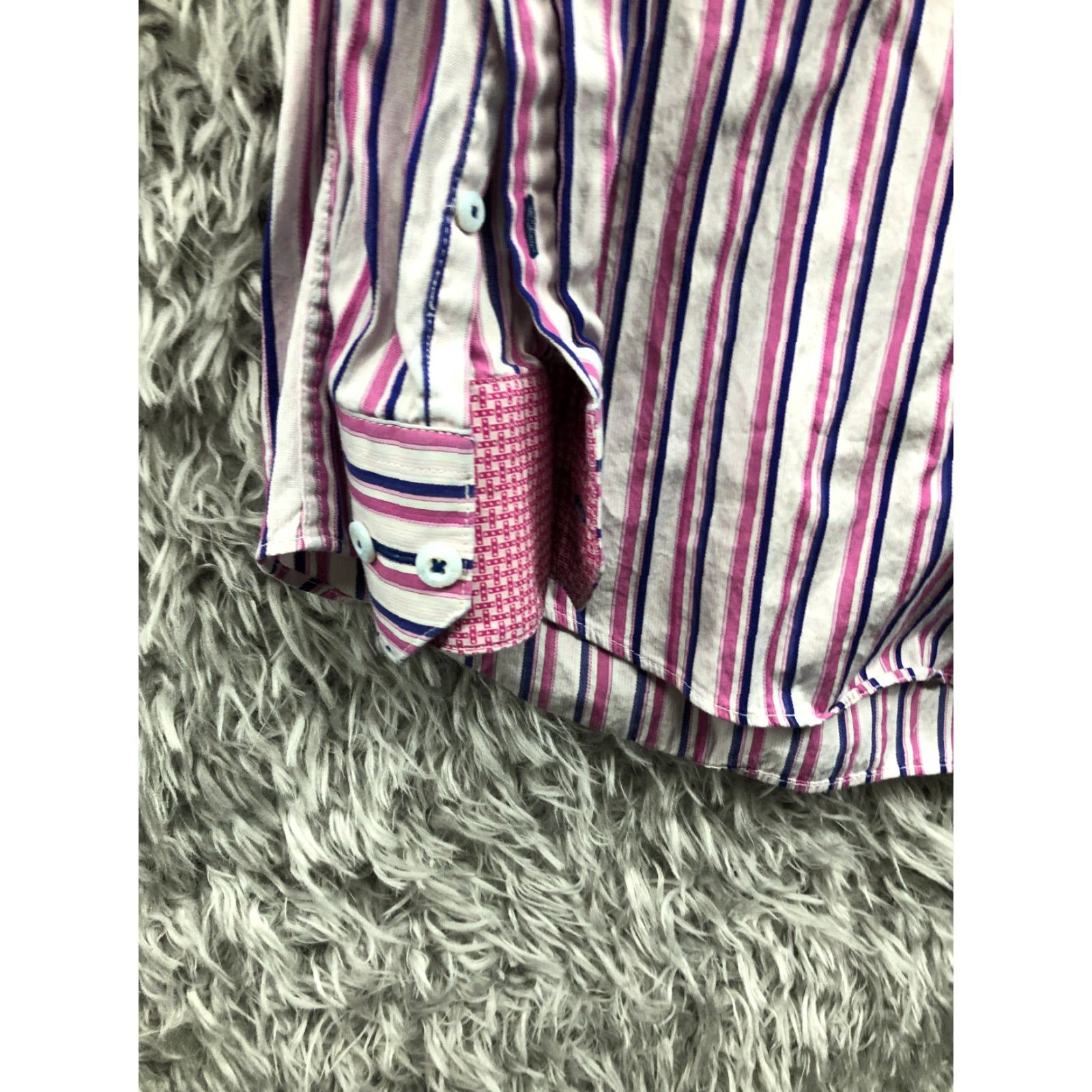 BUGATCHI Bugatchi Uomo Shirt XL Mens Long Sleeve Striped Pink Button-Up Collar Spread Collared Knit Polyester All Seasons Regular Casual Vintage No 90s? Size US XL / EU 56 / 4 - 2 Thumbnail