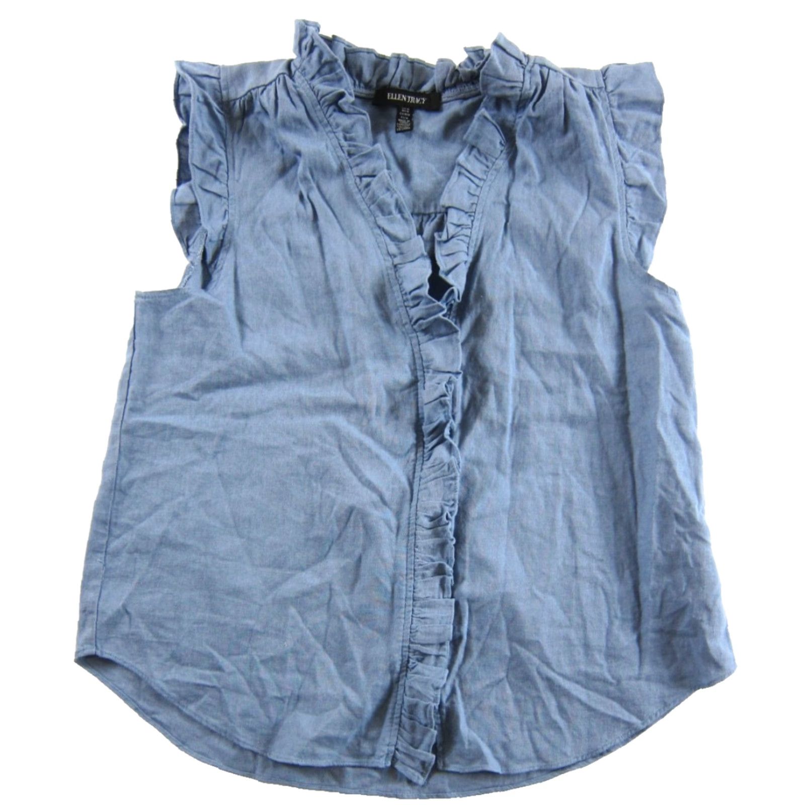Ellen Tracy NWT Ellen Tracy Blouse Shirt Medium Linen Blue Sleeveless Button Down V-Neck Ruffle Non-vintage Womens Size M / US 6-8 / IT 42-44 - 2 Thumbnail