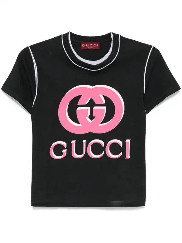 Gucci oc11z0126 Printed Cotton Jersey T-Shirt In Black/Pink Size M / US 6-8 / IT 42-44 - 1 Thumbnail
