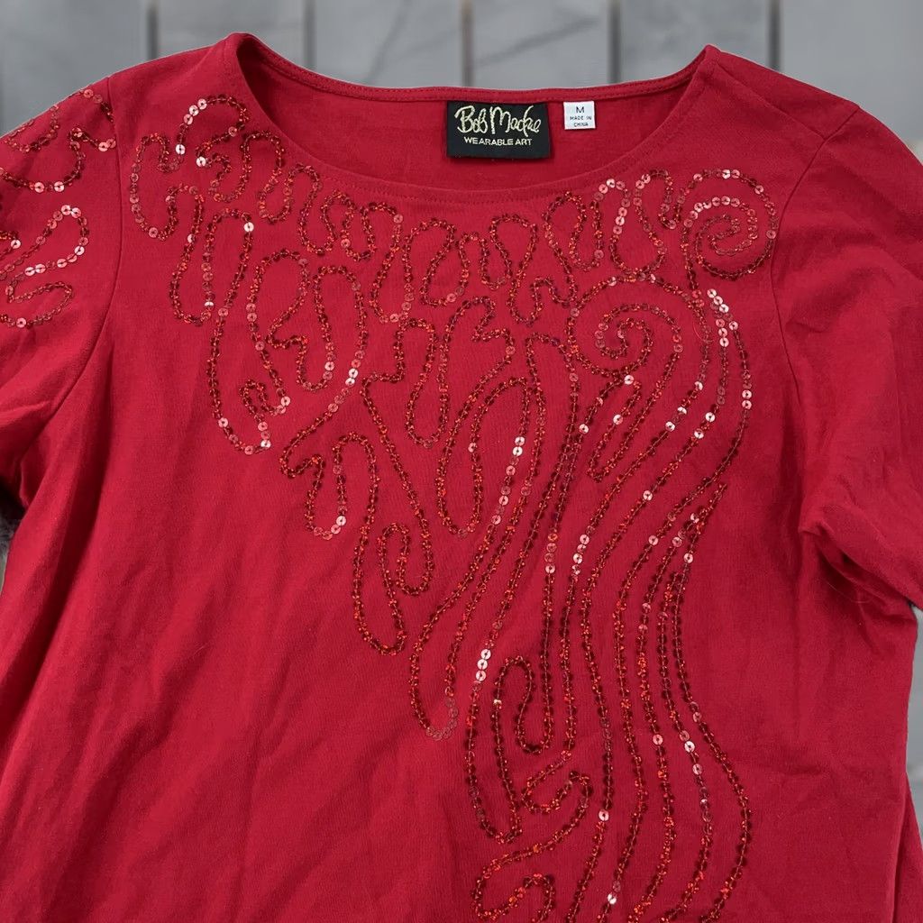 Bob Mackie Bob Mackie Wearable Art Shirt Womens Medium Red Sequin 3/4 Sleeve Scoop Neck Top Size M / US 6-8 / IT 42-44 - 1 Thumbnail
