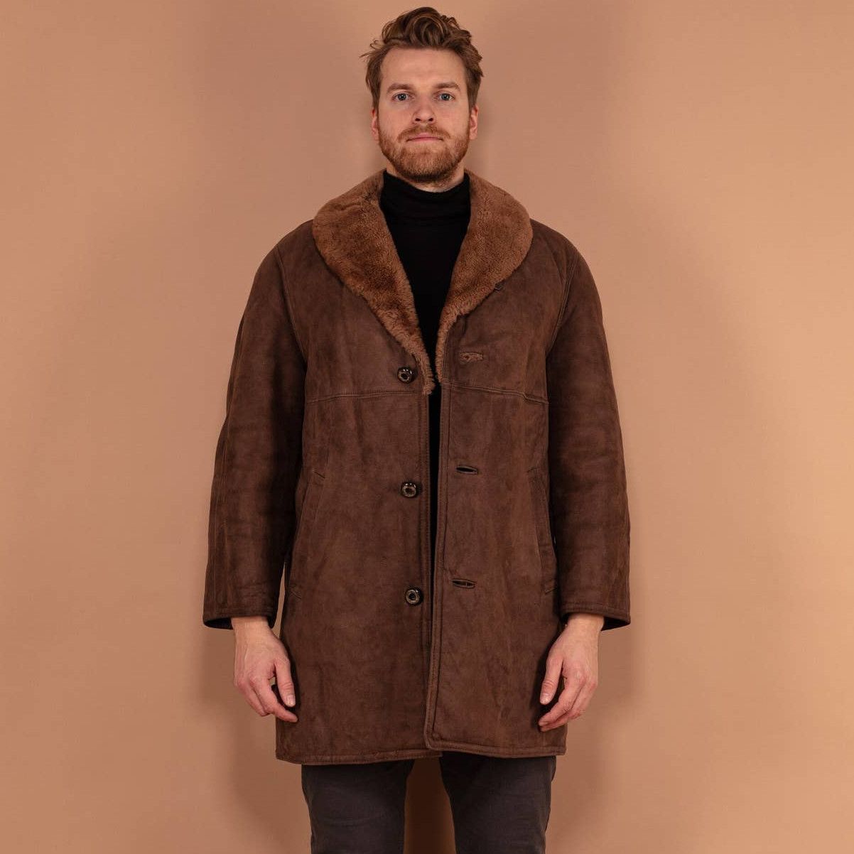 image of Sheepskin Coat Vintage 70's Men Sheepskin Suede Coat In Brown (Size Large)