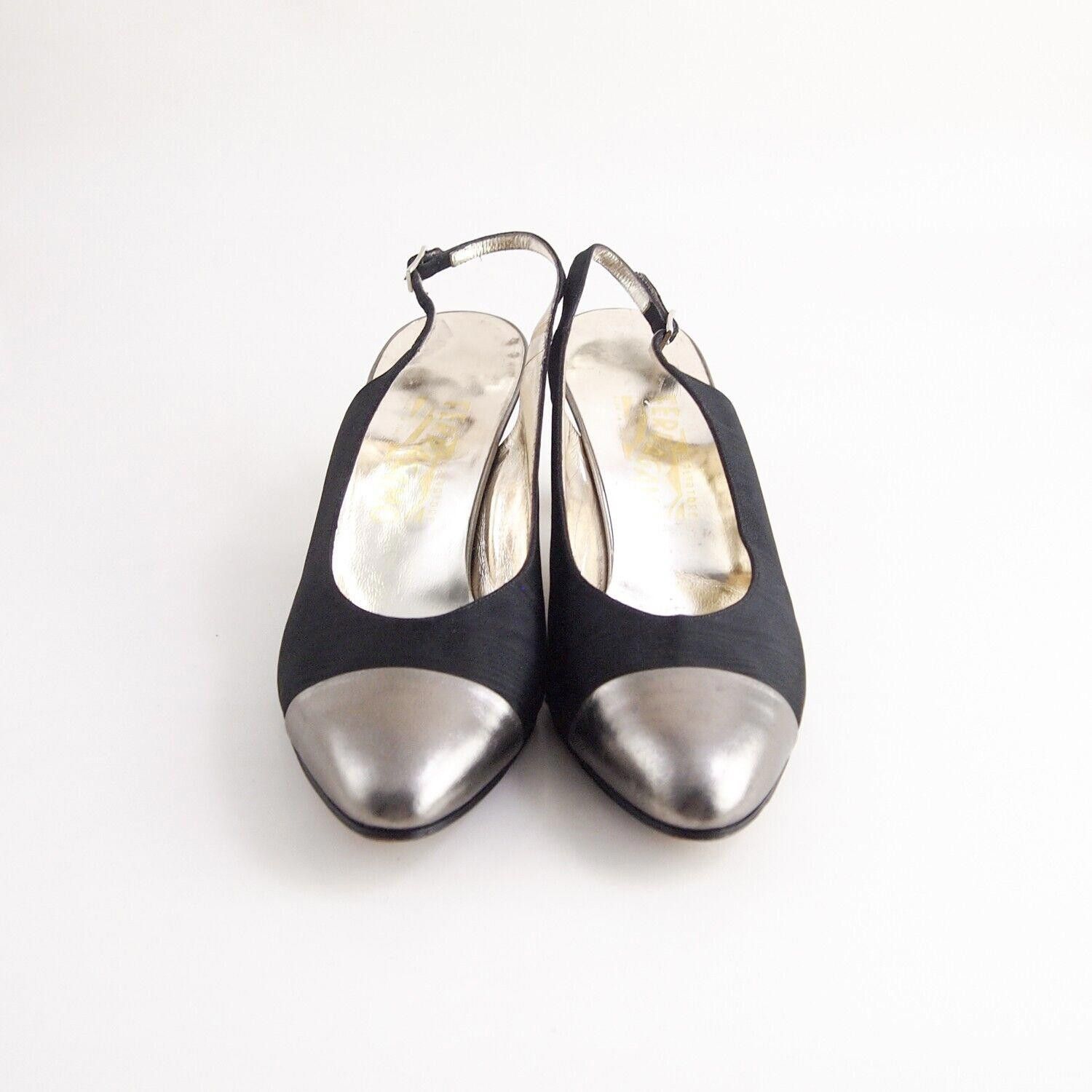 Salvatore Ferragamo Ferragamo Slingback Sandals Black Canvas Silver Cap Tee US 8 Size US 8 / IT 38 - 4 Thumbnail