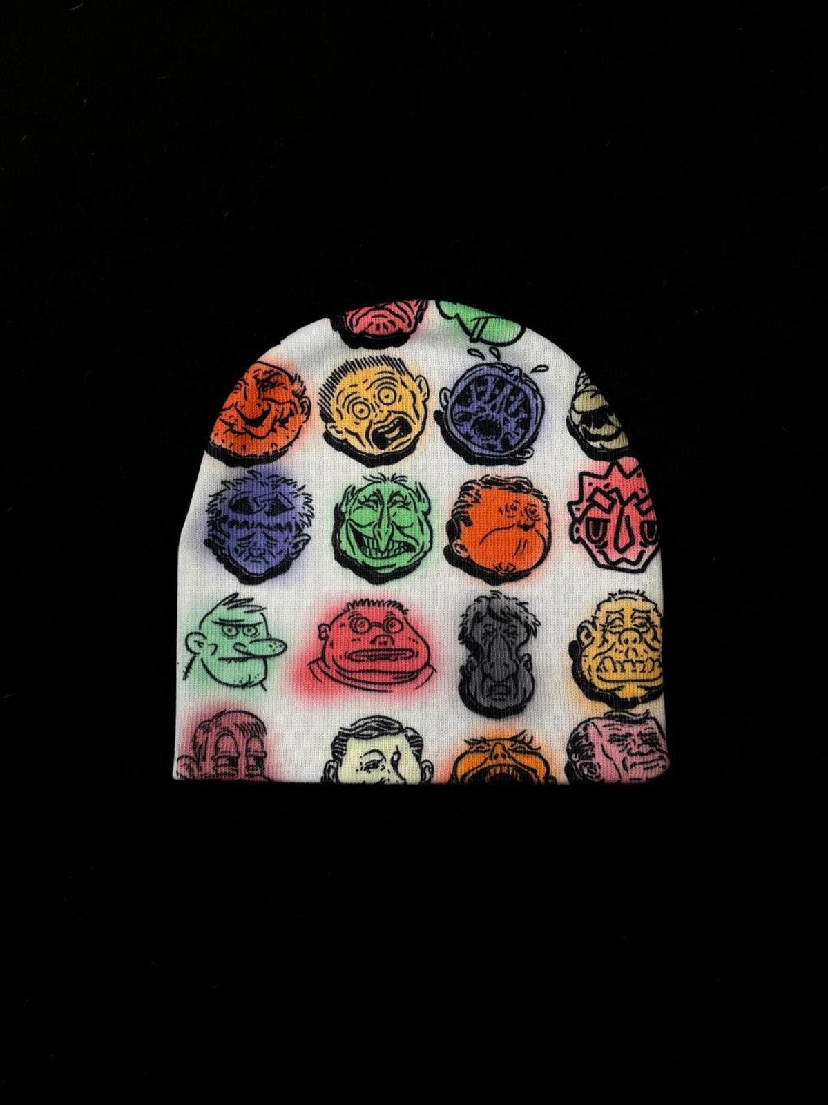 Japanese Brand Vintage-Inspired Graffiti Face Print No Cuff Knit Beanie Hat Size ONE SIZE - 1 Thumbnail