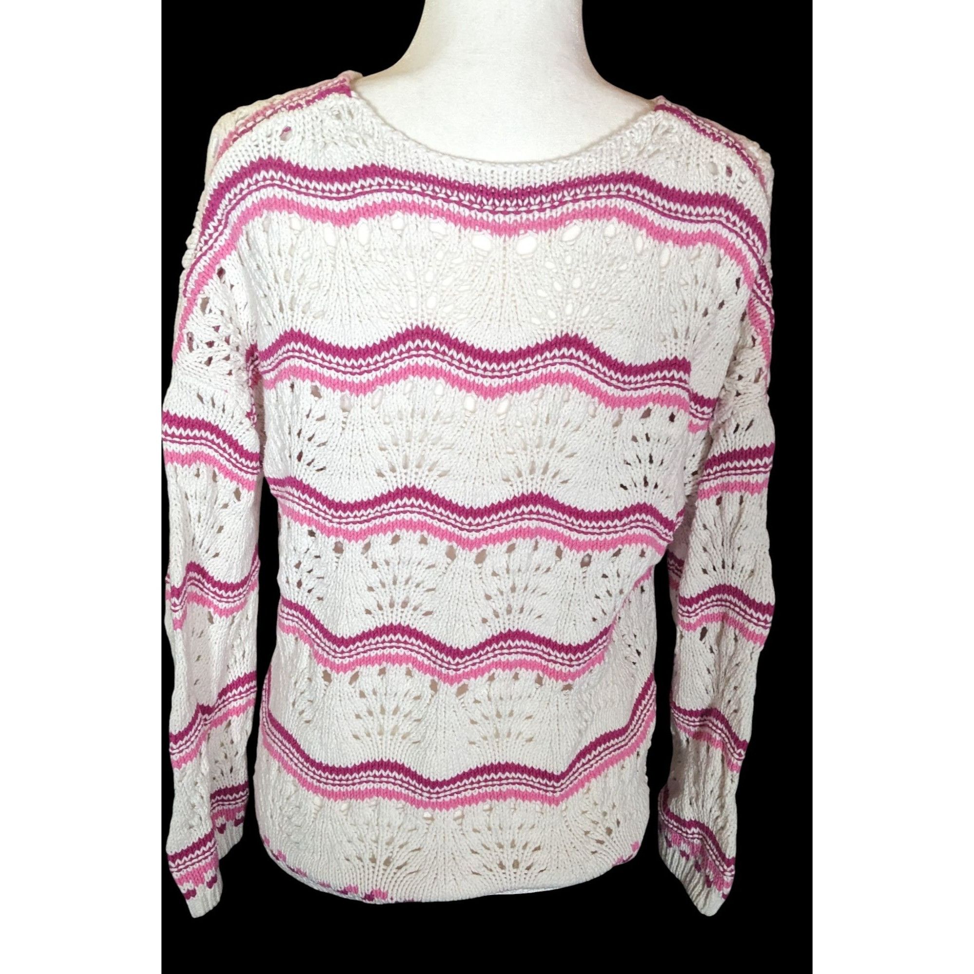 Loft Loft Grandmacore Pink And White Striped Knit Sweater Size L / US 10 / IT 46 - 2 Thumbnail